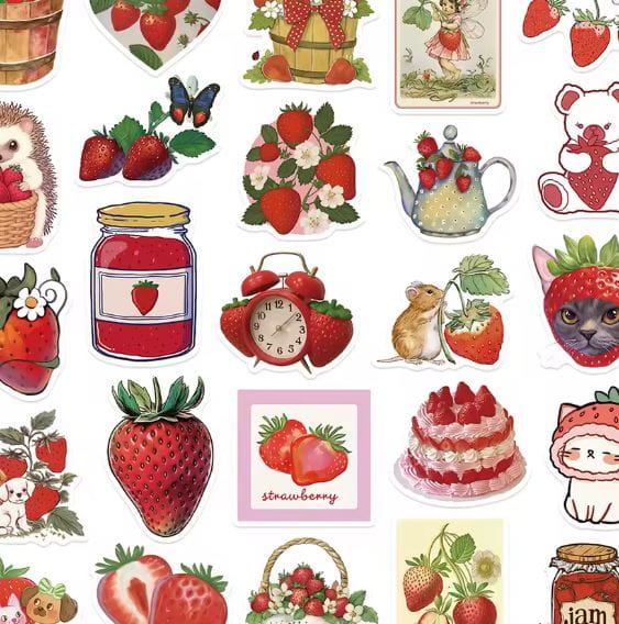 Naklejki winylowe Wlepy truskawki kawaii 50 sztuk