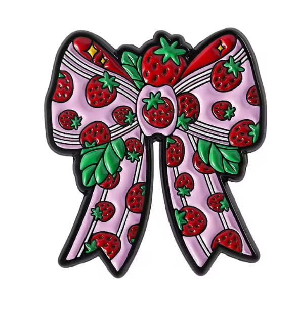 Przypinka emaliowana metalowa PIN Truskawkowa kokarda