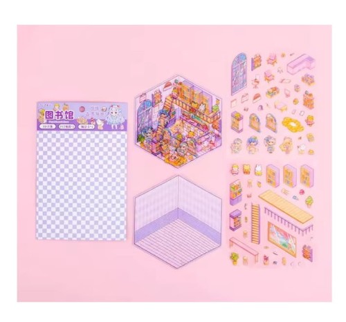 Domki z naklejkami 3D DIY Biblioteka TIK TOK Naklejki Antystresowe Roombox