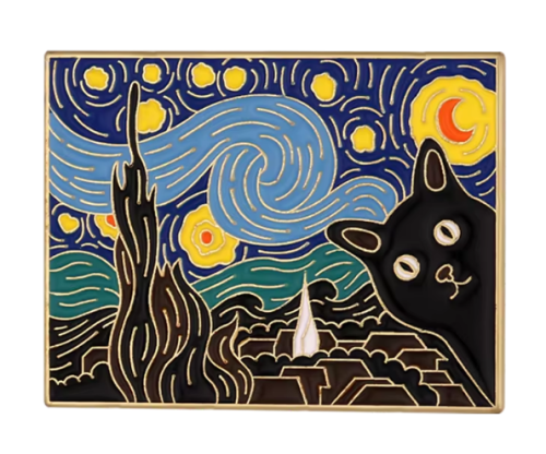 Przypinka emaliowana metalowa PIN Czarny Kot Obraz Gwiaździsta noc Van Gogh