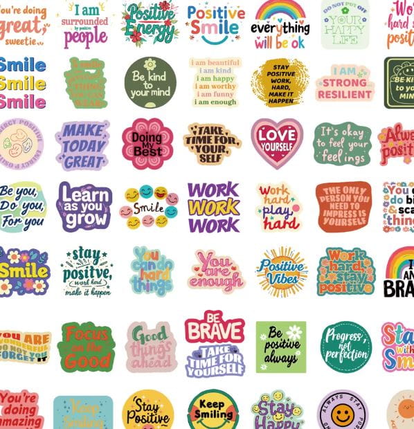 Naklejki winylowe Wlepy Kolorowe Afirmacje BuJo 50 sztuk STICKERBOMB