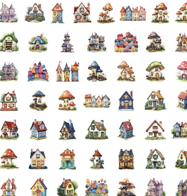 Naklejki winylowe Wlepy Bajkowe Magiczne Domy Domki Chatki 50 sztuk