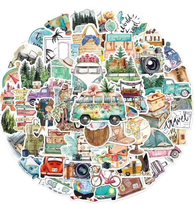 Naklejki winylowe Wlepy Wakacyjne Podróże Wakacje 50 sztuk STICKERBOMB