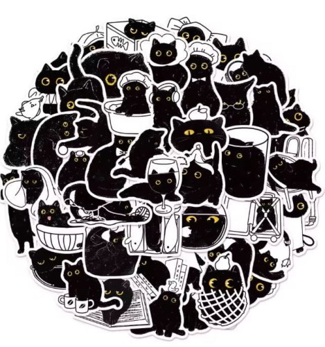 Naklejki winylowe Wlepy Szczęśliwy czarny kotek 50 sztuk Stickerbomb