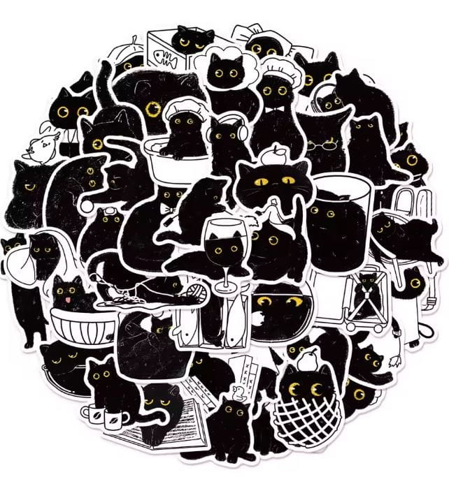 Naklejki winylowe Wlepy Szczęśliwy czarny kotek 50 sztuk Stickerbomb