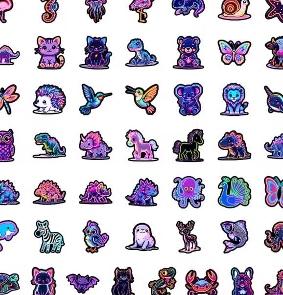 Naklejki winylowe Wlepy Neonowe zwierzaki zwierzęta 50 sztuk Stickerbomb