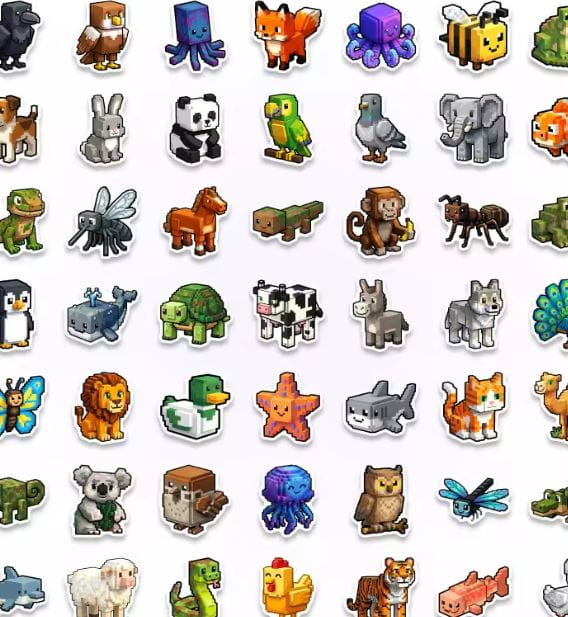 Naklejki winylowe Wlepy Pikselowe Zwierzęta 50 sztuk Stickerbomb