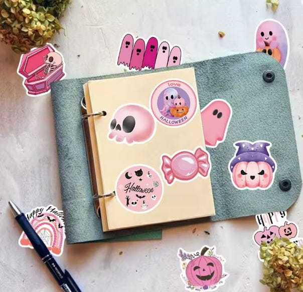 Naklejki winylowe Wlepy Różowe Halloween Duchy Dynie 50szt STICKERBOMB