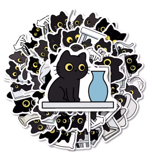 Naklejki winylowe Wlepy Szczęśliwy Czarny Kotek 50 sztuk STICKERBOMB