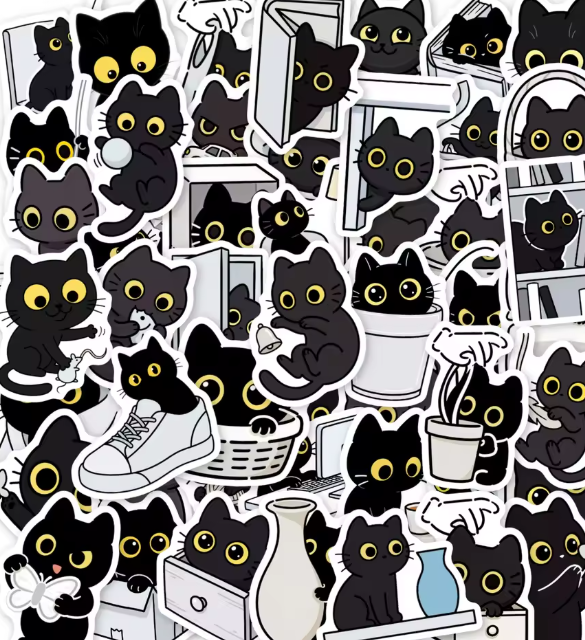 Naklejki winylowe Wlepy Szczęśliwy Czarny Kotek 50 sztuk STICKERBOMB