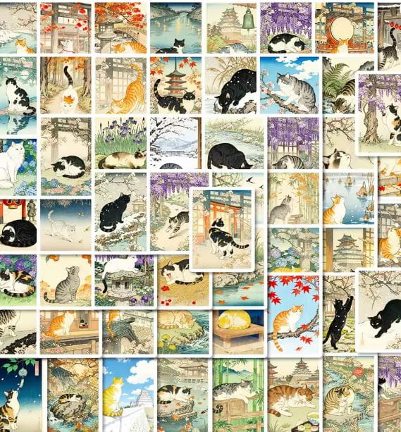 Naklejki winylowe Wlepy Koty Japońskie Pejzaże 56szt STICKERBOMB