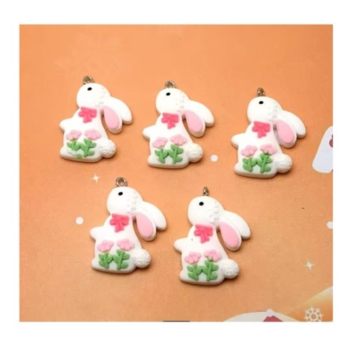 Zawieszka żywiczna Charms Biały króliczek z kokardą Kawaii 2 sztuki