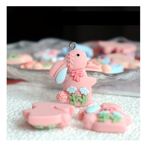 Zawieszka żywiczna Charms Różowy króliczek z kokardą Kawaii 2 sztuki