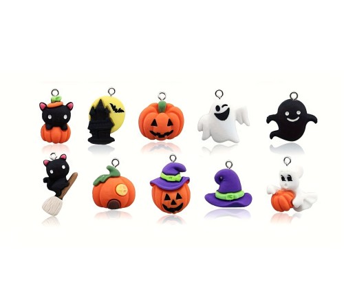 Zawieszka żywiczna Charms Halloween Dynie Duchy Wiedźmy MIX wzorów 5 sztuk