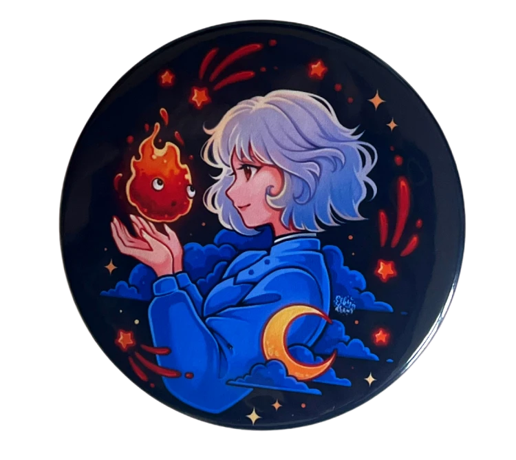 Przypinka button badzik badge Sophie Calcifer Ruchomy zamek Hauru 58mm