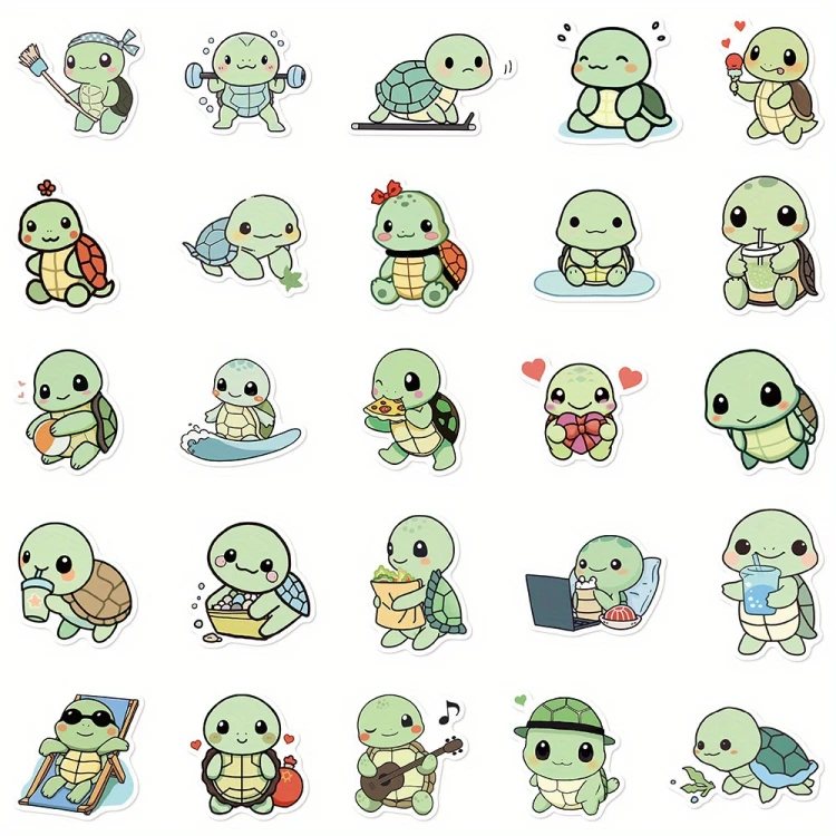 Naklejki winylowe Wlepy Zielone Żółwie Kawaii 50 szt STICKERBOMB