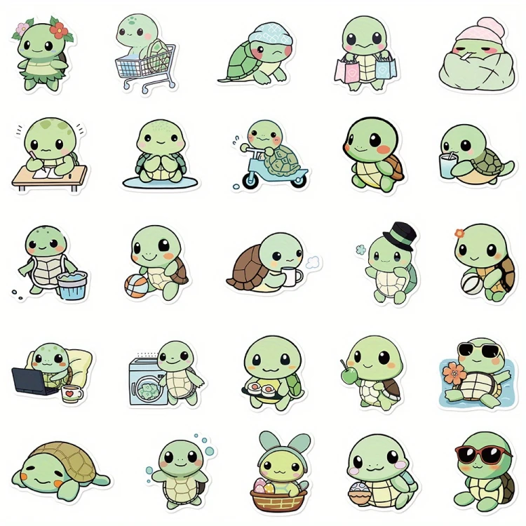 Naklejki winylowe Wlepy Zielone Żółwie Kawaii 50 szt STICKERBOMB