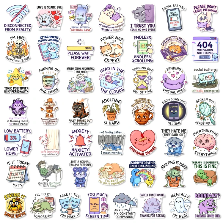 Naklejki winylowe Wlepy Zdrowie Psychiczne Prokrastynacja 50 szt STICKERBOMB