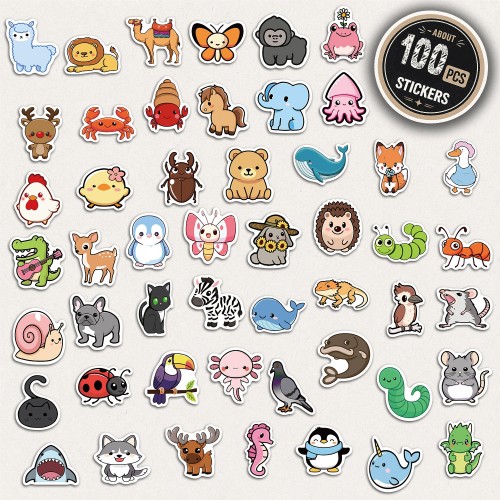 Naklejki winylowe Wlepy Kreskówkowe Zwierzęta MIX 100 szt STICKERBOMB