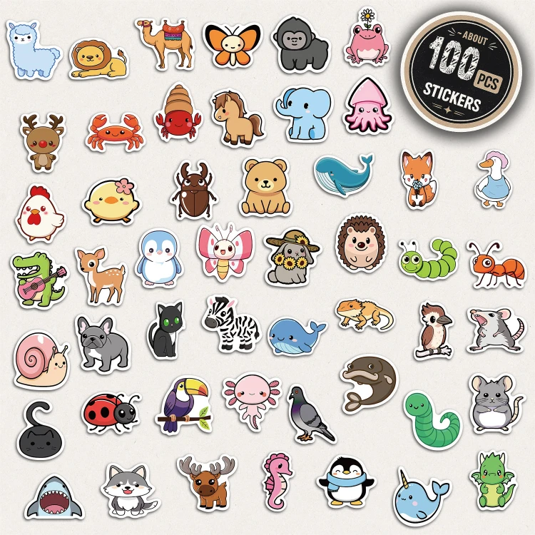 Naklejki winylowe Wlepy Kreskówkowe Zwierzęta MIX 100 szt STICKERBOMB