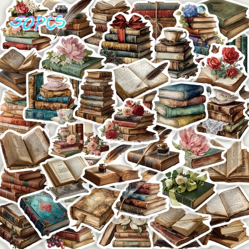 Naklejki Wlepy Vintage Książki Book Dark Academia 50 szt STICKERBOMB