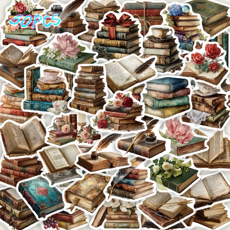 Naklejki Wlepy Vintage Książki Book Dark Academia 50 szt STICKERBOMB